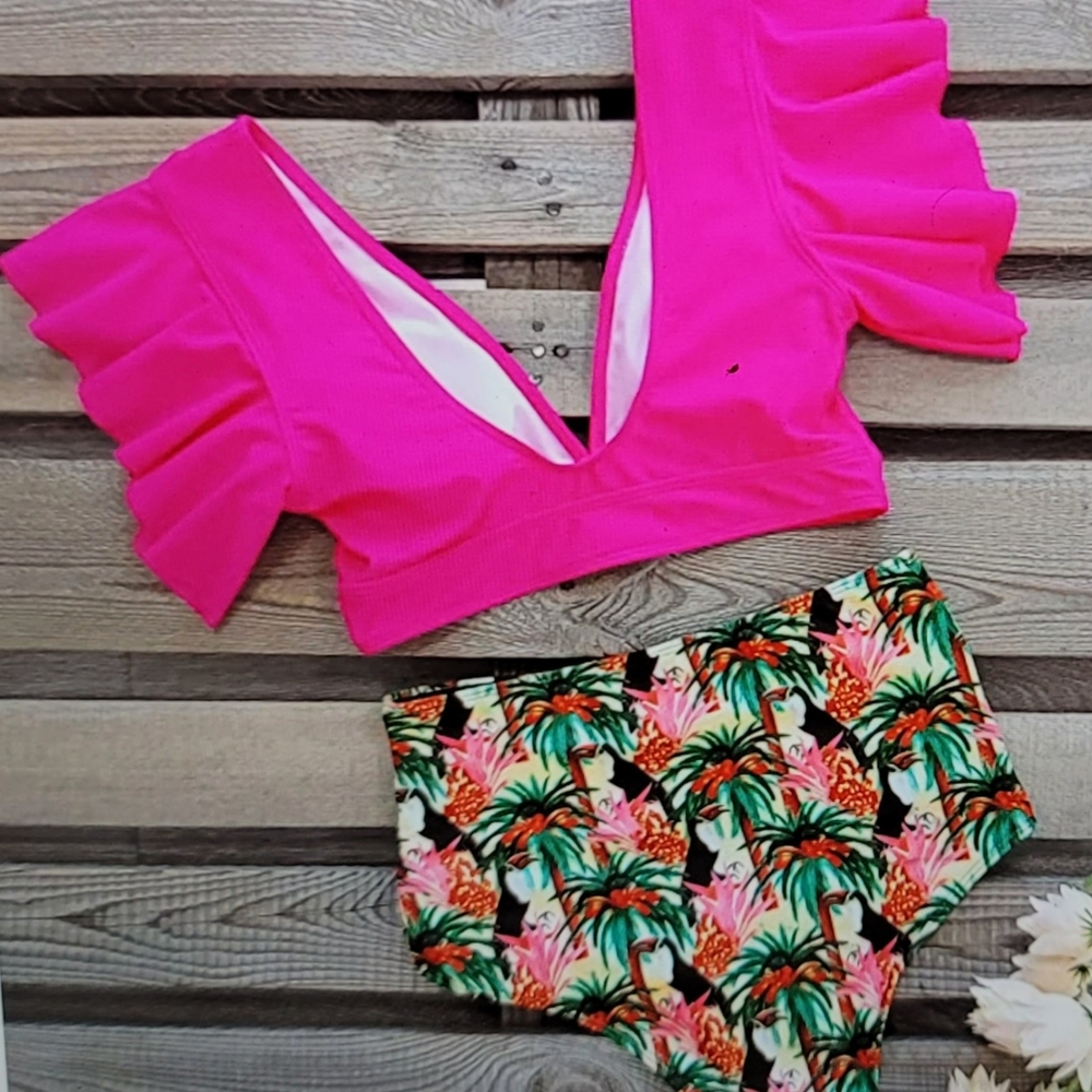 NWT High Waisted Ruched Padded Tropical  Ruffle Top bathing Swim Suit - Picture 5 of 11